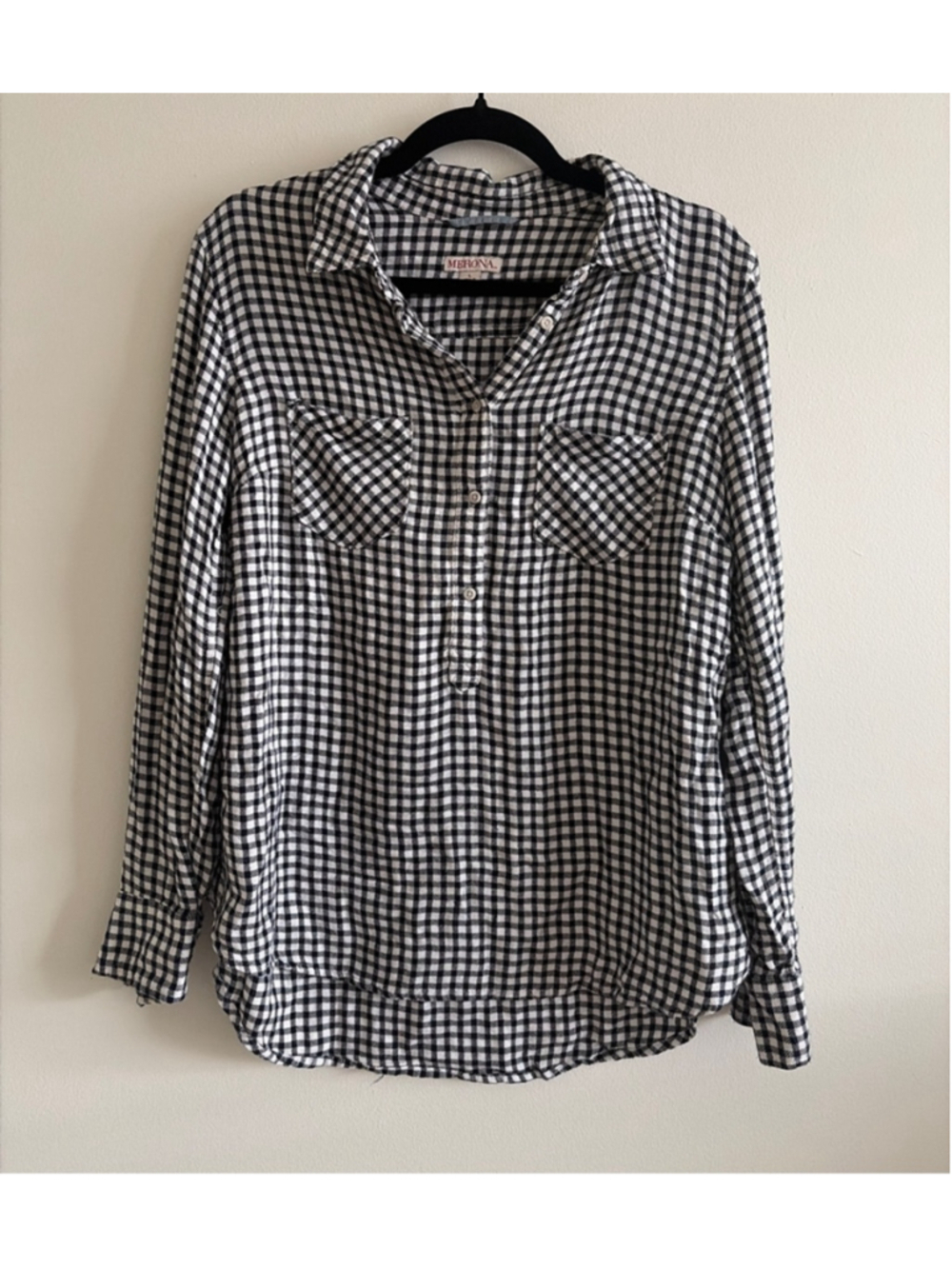 Women's Merona Gingham Button Down Shirt L Black White